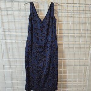 Georgiou Midnight Blue Brown Abstract Pattern Midi Dress With Back Slit Size 8